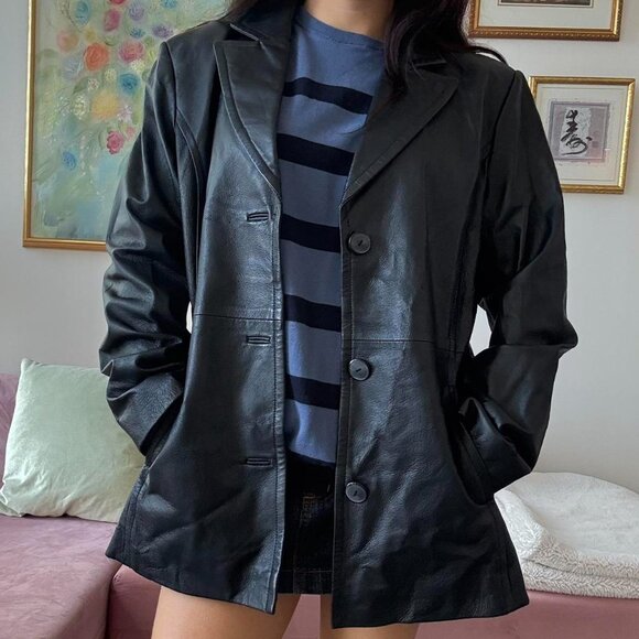 Black Leather Blazer Trench Coat - Picture 1 of 8